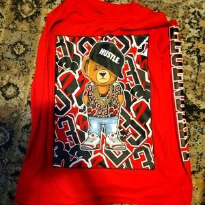 Laundry Red with Graphic Print Hustle Bear Long Sleeve T-Shirt Men’s Size Small